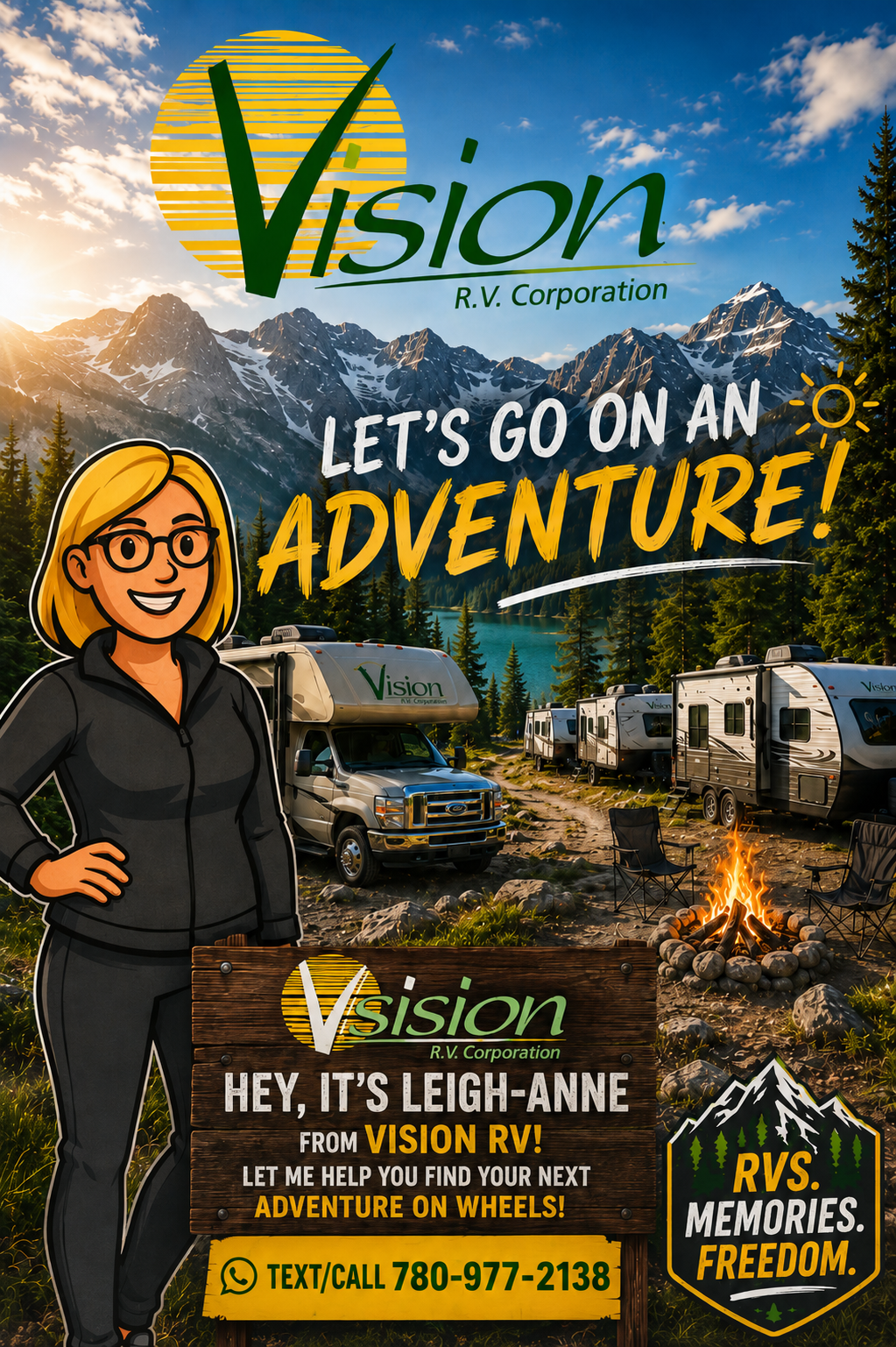 Leigh-Anne from Vision RV with RVs in the Alberta mountains